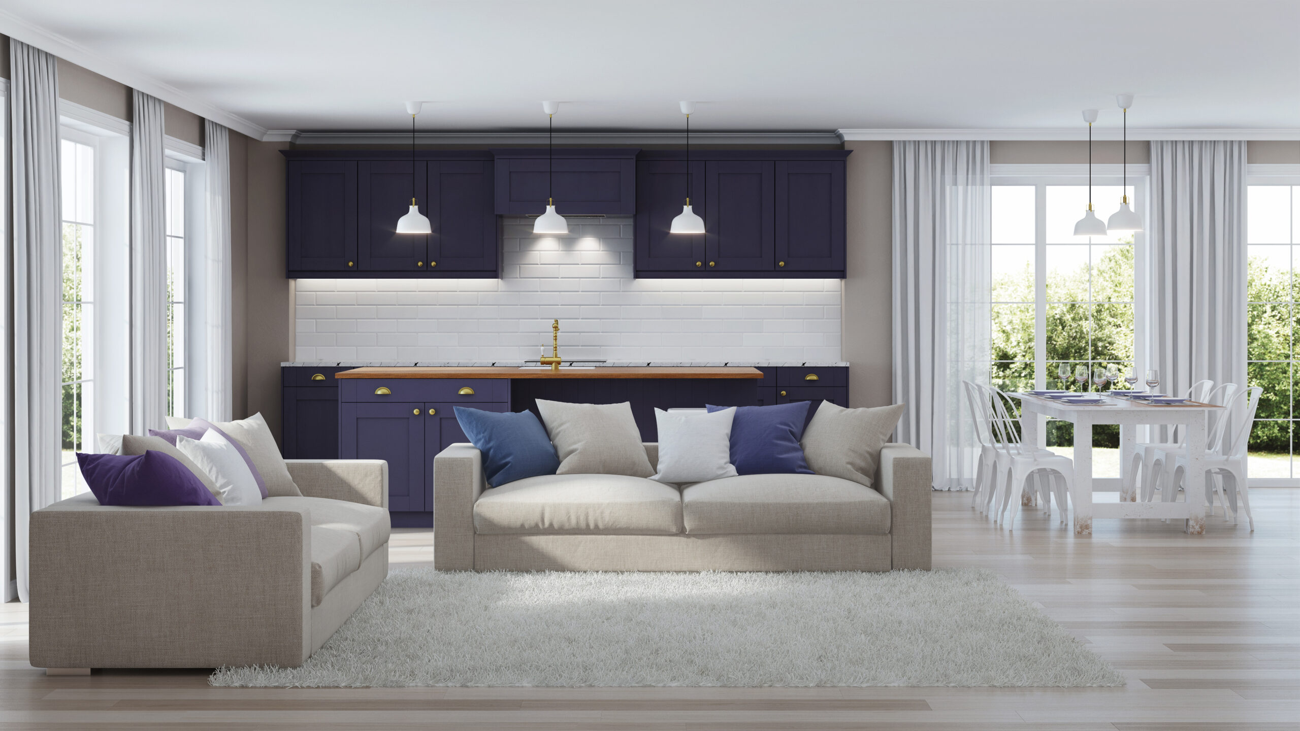 Mondern interior of a home, white sofa with purple kitchen