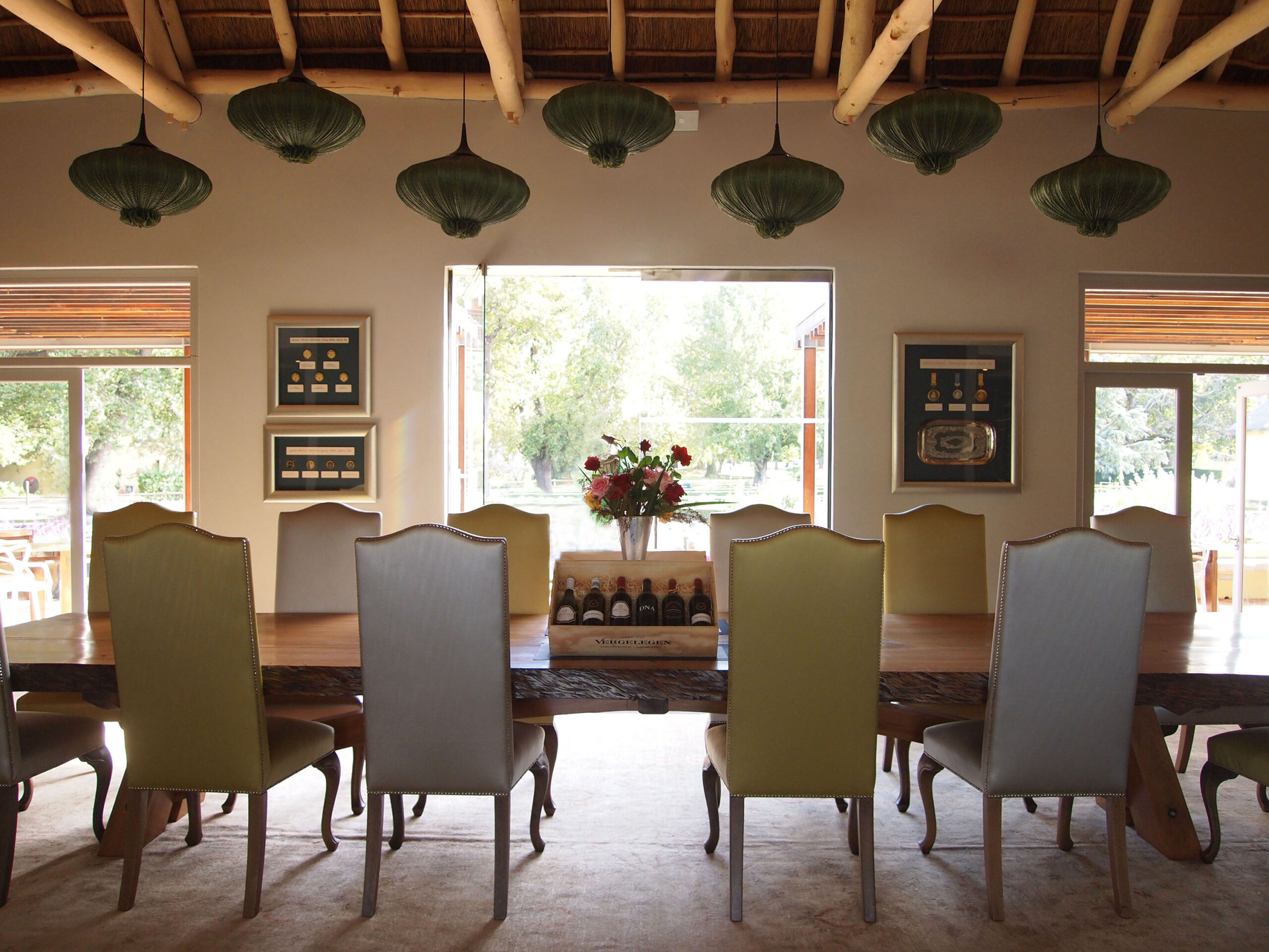 Interior dining room with exposed beam ceiling
