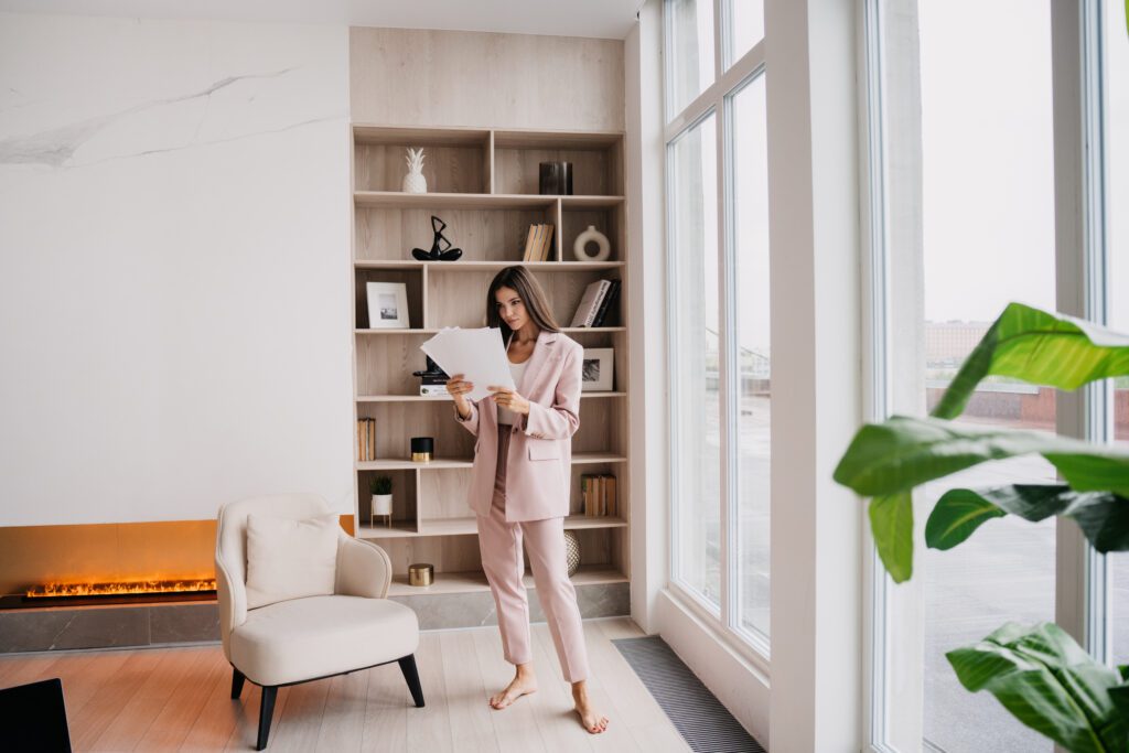 Young woman in front of a bookshelf in modern home