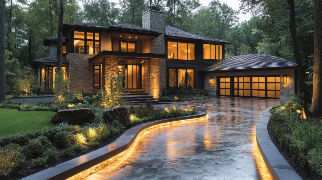 brick exterior house lighted from the inside, driveway is lined by lights on a rainy day