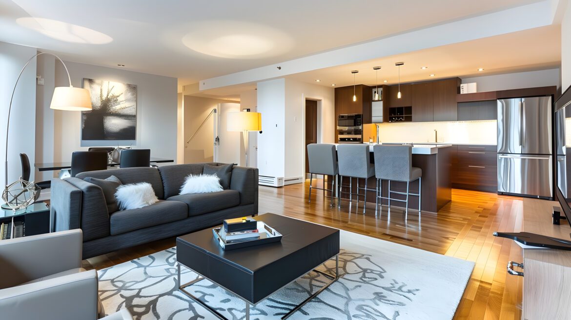 interior of modern, upscale apartment featuring an open kitchen and living room