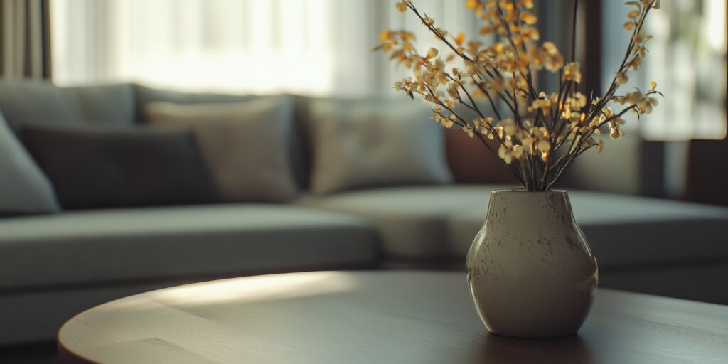How to Stage Your Home. Flowers in a vase on a table with a neutral color sofa in the background.
