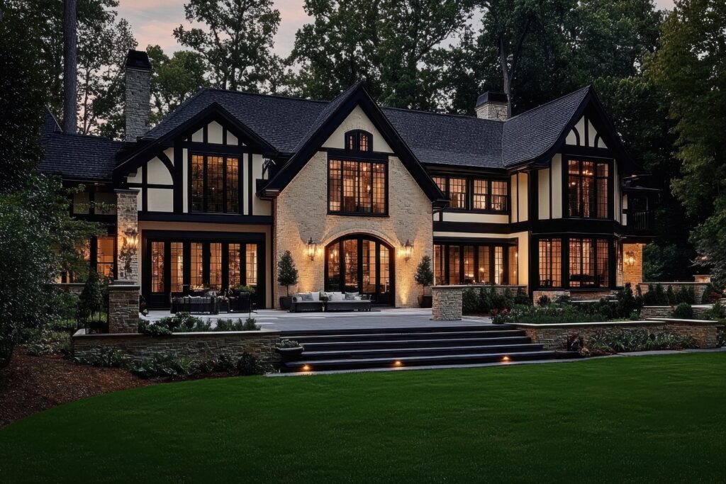 Charming Tudor style home with beautiful landscaping and lights on