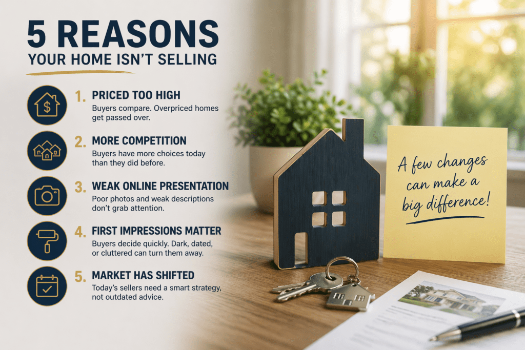 Infographic showing five reasons why a home isn’t selling, including pricing too high, competition, weak online presence, first impressions, and market shifts.