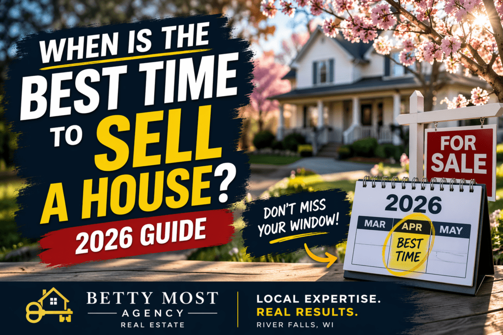 Best time to sell a house in 2026 with spring home, for sale sign, and calendar highlighting peak selling season