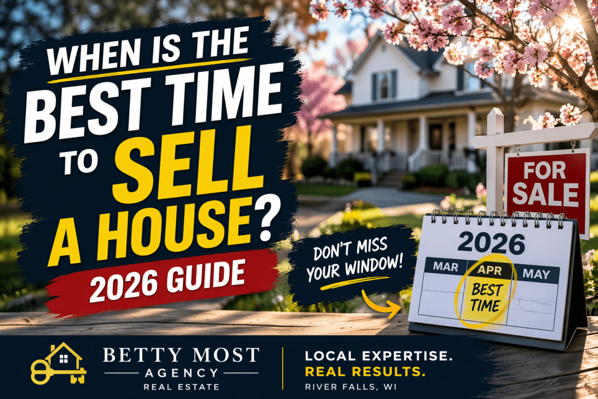 Best time to sell a house in 2026 with spring home, for sale sign, and calendar highlighting peak selling season