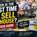 Best time to sell a house in 2026 with spring home, for sale sign, and calendar highlighting peak selling season